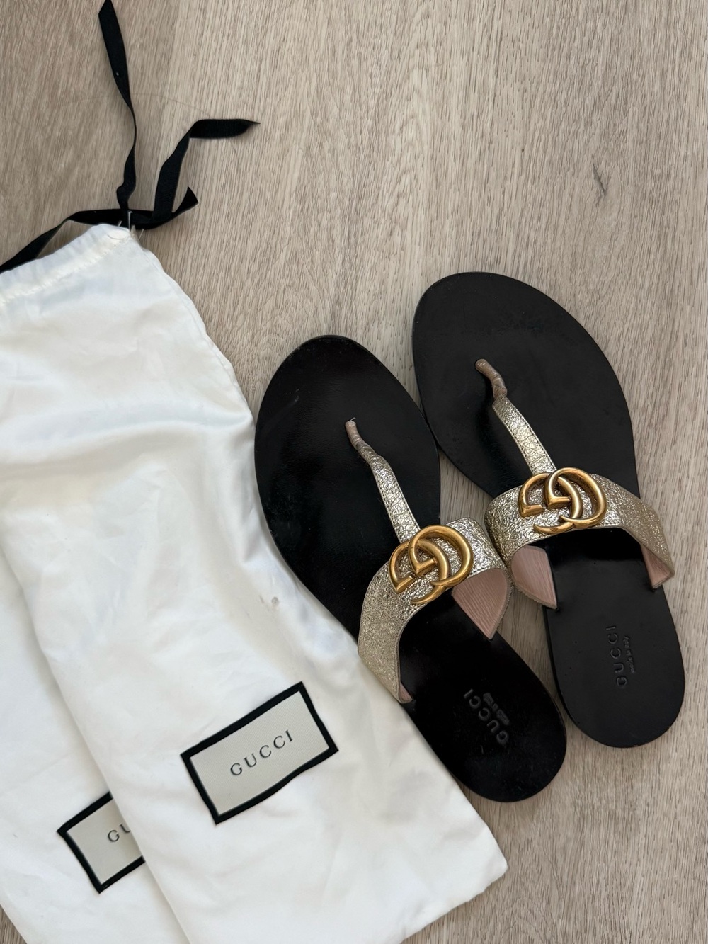 Gucci Black & Gold Leather Double G Thong Sandals